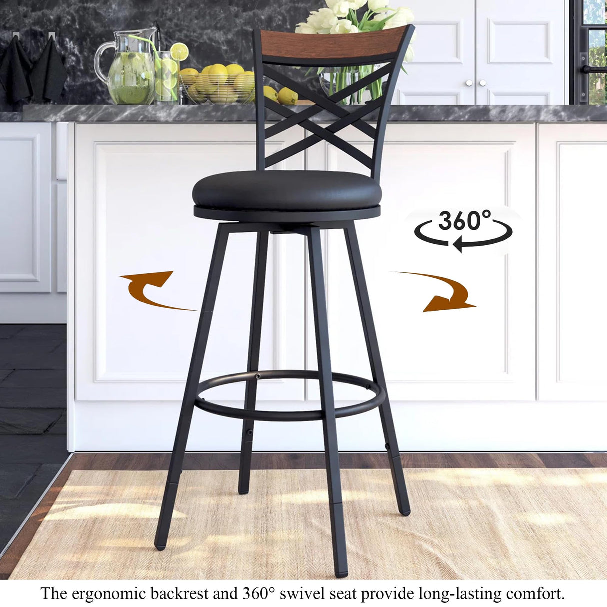 BOSHIRO Black Bar Stools Set of 2 - Rustic Wood & Metal Swivel Barstools with Curved Backrest, 360° Rotation, Adjustable Height Dining Chair for Living Room, Kitchen, Bar BOSHIRO