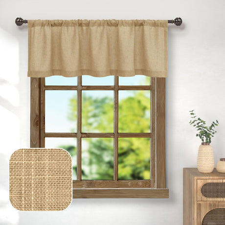 Pitalk Burlap Color Linen Window Valance for Kitchen 3 Inch Rod Pocket Semi Sheer Primitive Rustic Farmhouse Valance Curtain Topper for Bedroom Living Room Dining Bathroom 18 Inch Length Tan Brown Pitalk