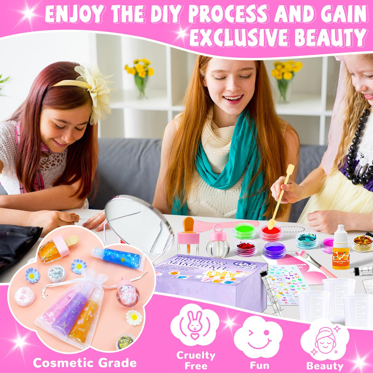 WhizToys DIY Lip Gloss Making Kit 74 PCS, Purple Kids Lip Gloss Supplies Set Beginner, Fun Craft Set Moisturizing Base, Birthday Gift for Girls, Kids, Teenagers, Women WhizToys