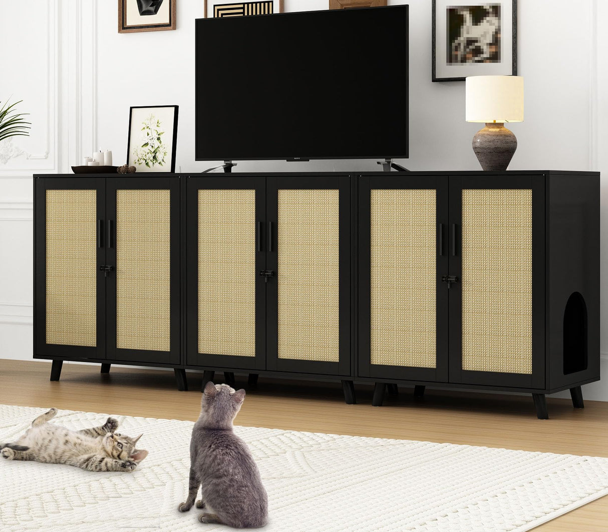 DAWNSPACES Large Cat Litter Box Enclosure, 2 in 1 Hidden Cat Washroom Furniture with Sisal Covered Doors, 2 Layers Wooden Cat Cabinet with Adjustable Shelf, Side Table TV Stand for Living Room, Black DAWNSPACES