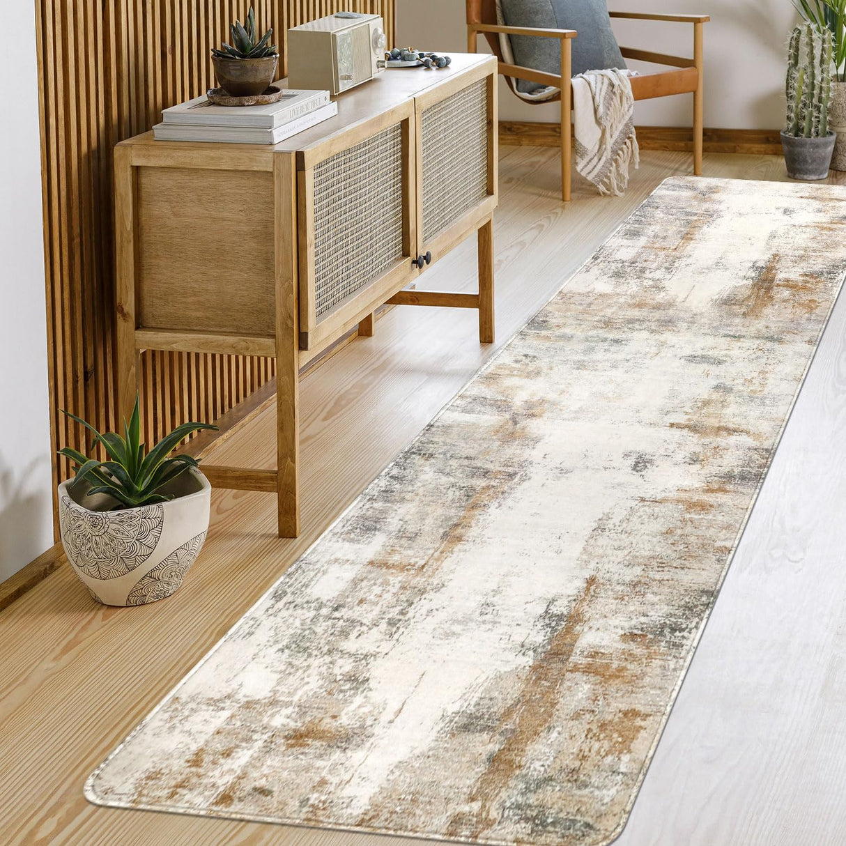 famibay Hallway Runner Rug 8 ft, Washable Runner Rugs with Rubber Backing Modern Abstract Runner Rug Non Slip Soft Low Pile Long Carpet Runners for Hallway Kitchen Entryway Bathroom(Beige/Camel) famibay