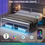 King Size Bed Frame with Headboard - Metal Platform Bed with LED Lights, Charging Station, Under Bed Storage and Heavy Duty Steel Slats Support - No Box Spring Needed, Easy Assembly, White BedNZZZ
