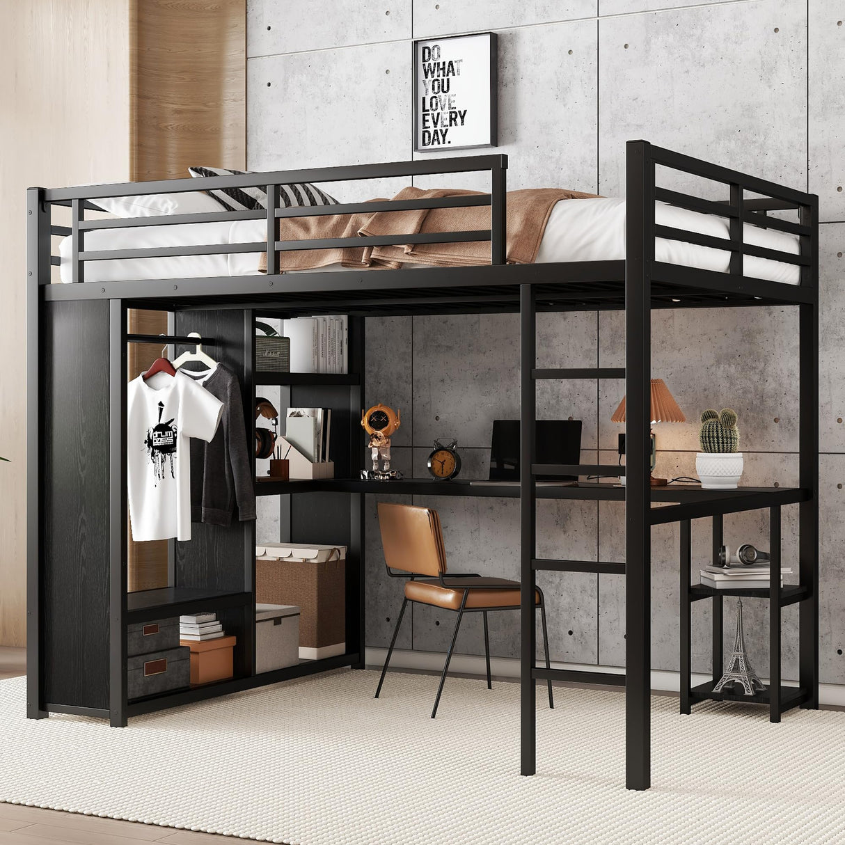Queen Size Loft Bed with Desk and Storage Shelves,Metal Loft Bed Queen with Built-in Wardrobe &Full-Length Guardrails for Kids, Black RuiSiSi