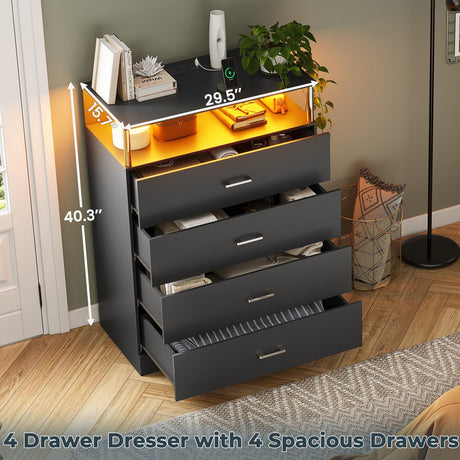 AOGLLATI Dresser for Bedroom with Column Design, 4 Drawer Dresser with Charging Station, Modern Bedroom Led Tall Black Dresser for Bedroom Closet AOGLLATI
