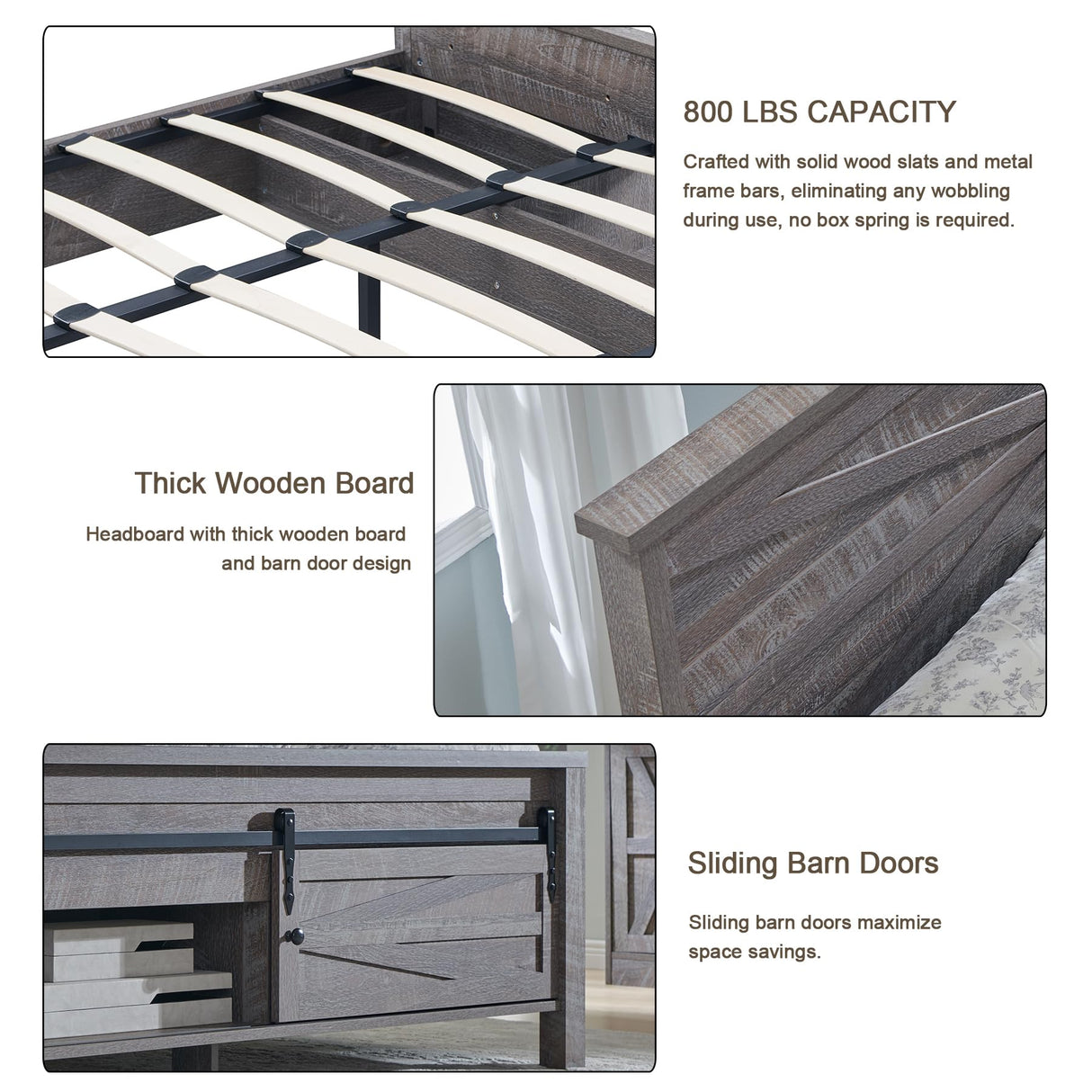 JXQTLINGMU Farmhouse King Size Bed Frame with 47" Tall Headboard, Wood King Bed Frame with Storage Cabinet, Solid Wood Slats Support, Noiseless, No Box Spring Needed (Grey) JXQTLINGMU