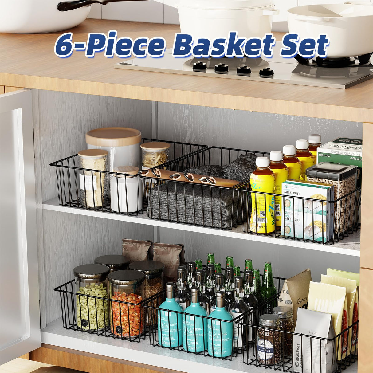 Simple Trending 6 Pack Large Wire Baskets for Organization, Metal Pantry Storage Baskets for Cabinet, Kitchen, Garage, Bathroom, Black Simple Trending