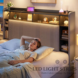 EnHomee King Size Bed Frame with 4 Storage Drawers, Upholstered Platform King Bed Frame and Headboard, King Bed Frame with LED Lights & Charging Station, Noise Free,No Box Spring Needed,Beige, Grey EnHomee