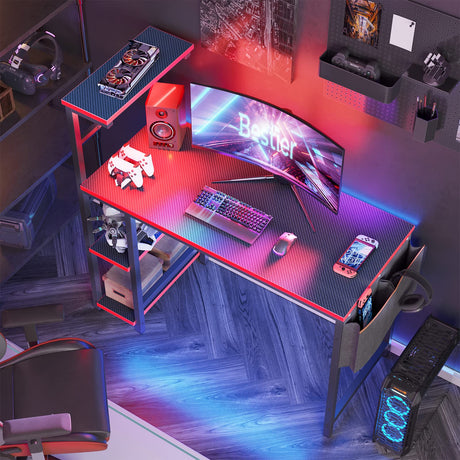 Bestier Gaming Desk with LED Lights, 44 Inch PC Gamer Desk for Small Spaces, Computer Desk with Reversible Storage Shelves & Side Storage Bag (Black 3D Carbon Fiber) Bestier