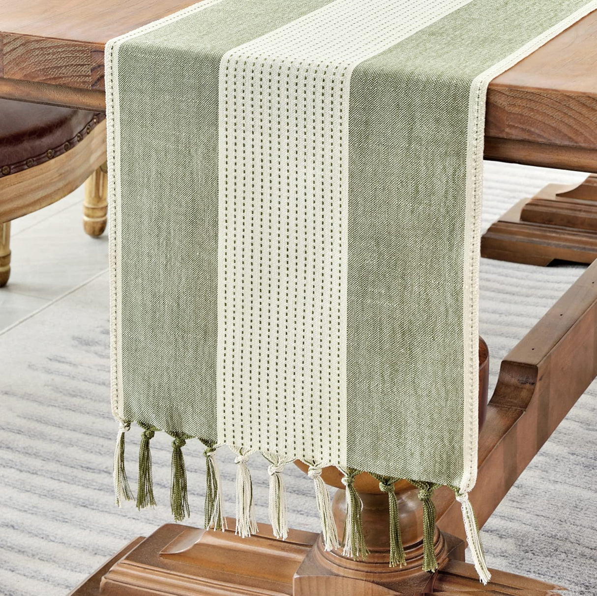 Wracra Linen Table Runner, Farmhouse Macrame Table Runners 72 Inches Long for Dining Table Decor, Wedding, Party and Dresser Decor (Sage Green,72") Wracra