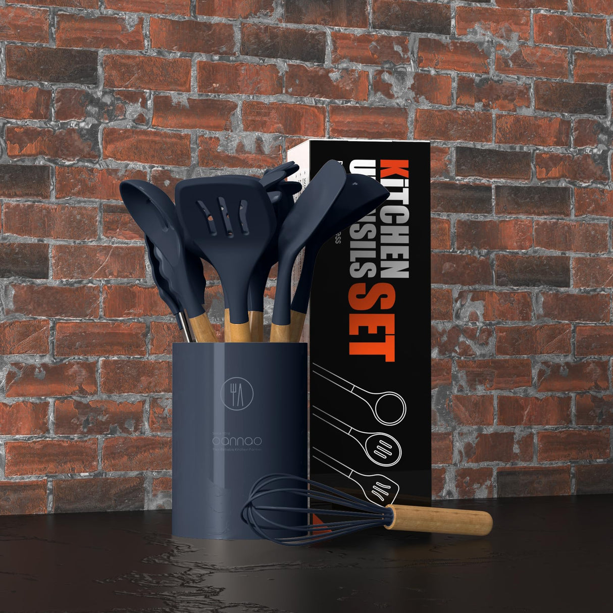 Silicone Cooking Utensils Set - 446°F Heat Resistant Silicone Kitchen Utensils for Cooking,Kitchen Utensil Spatula Set w Wooden Handles and Holder, BPA FREE Gadgets for Non-Stick Cookware (Navy Blue) oannao