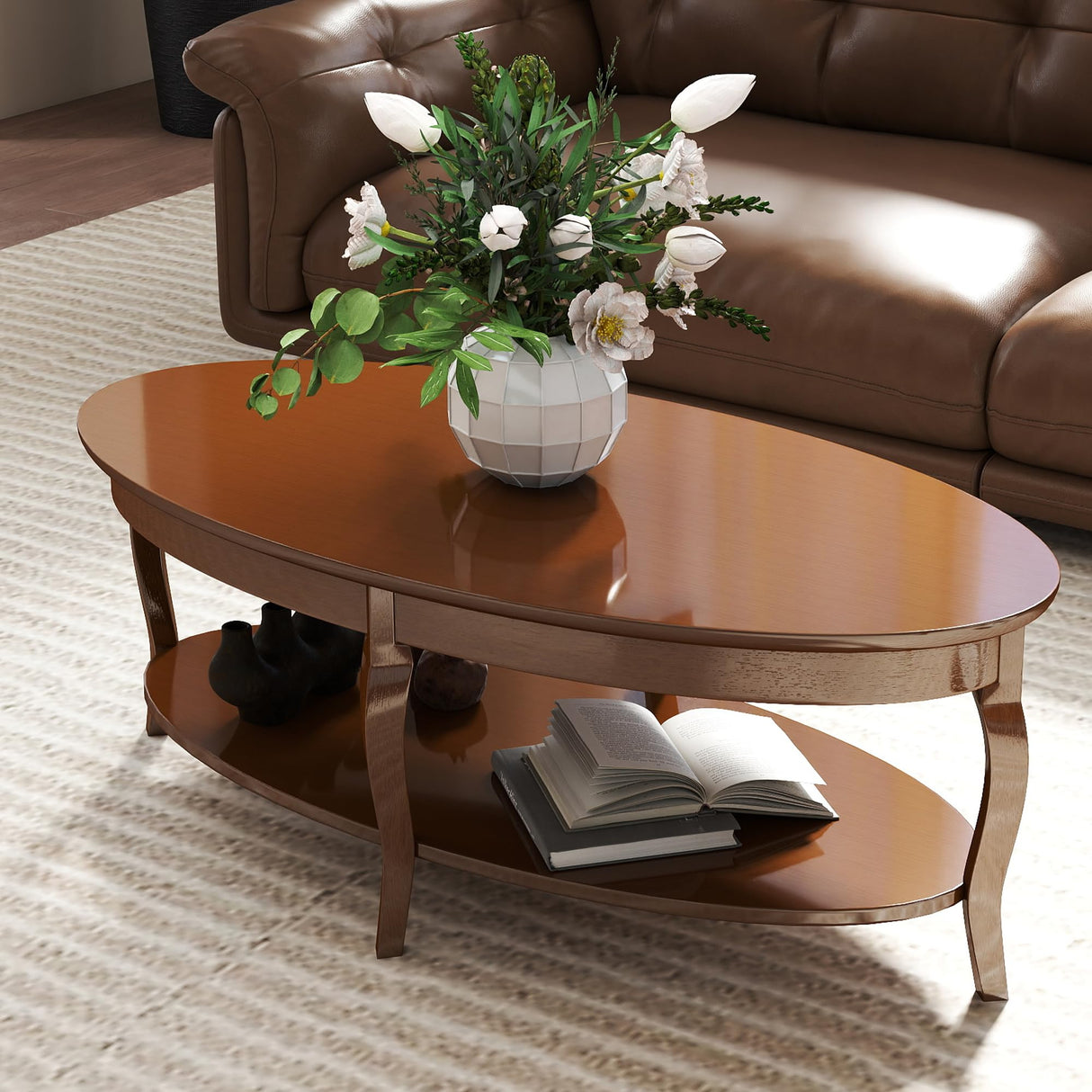 LZAREAL Coffee Table with Storage Oval Solid Wood Coffee Table Antique Farmhosue Living Room Table Rustic Center Table for Living Room Guest Room Reception Room Waiting Room, Brown Walnut Color LZAREAL
