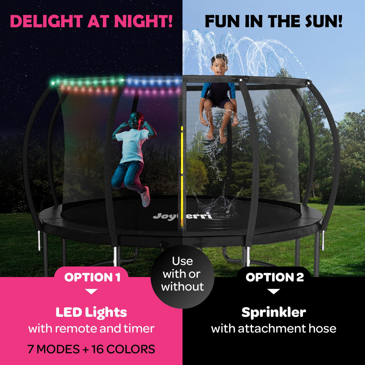 Trampoline for Kids and Adults - 8Ft 10Ft 12Ft 14FT Trampoline with Net - with Bonus Sprinkler and LED Lights/ASTM Certified/Extra Sturdy Recreational Outdoor Trampolines JOYBERRI
