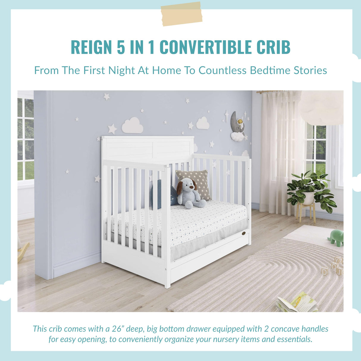Evolur JPMA & Greenguard Gold Certified Dream On Me Reign 5 in 1 Convertible Crib with Under Drawer in White, Made of Sustainable Pinewood, Non-Toxic Water-Based Paint Finish Evolur
