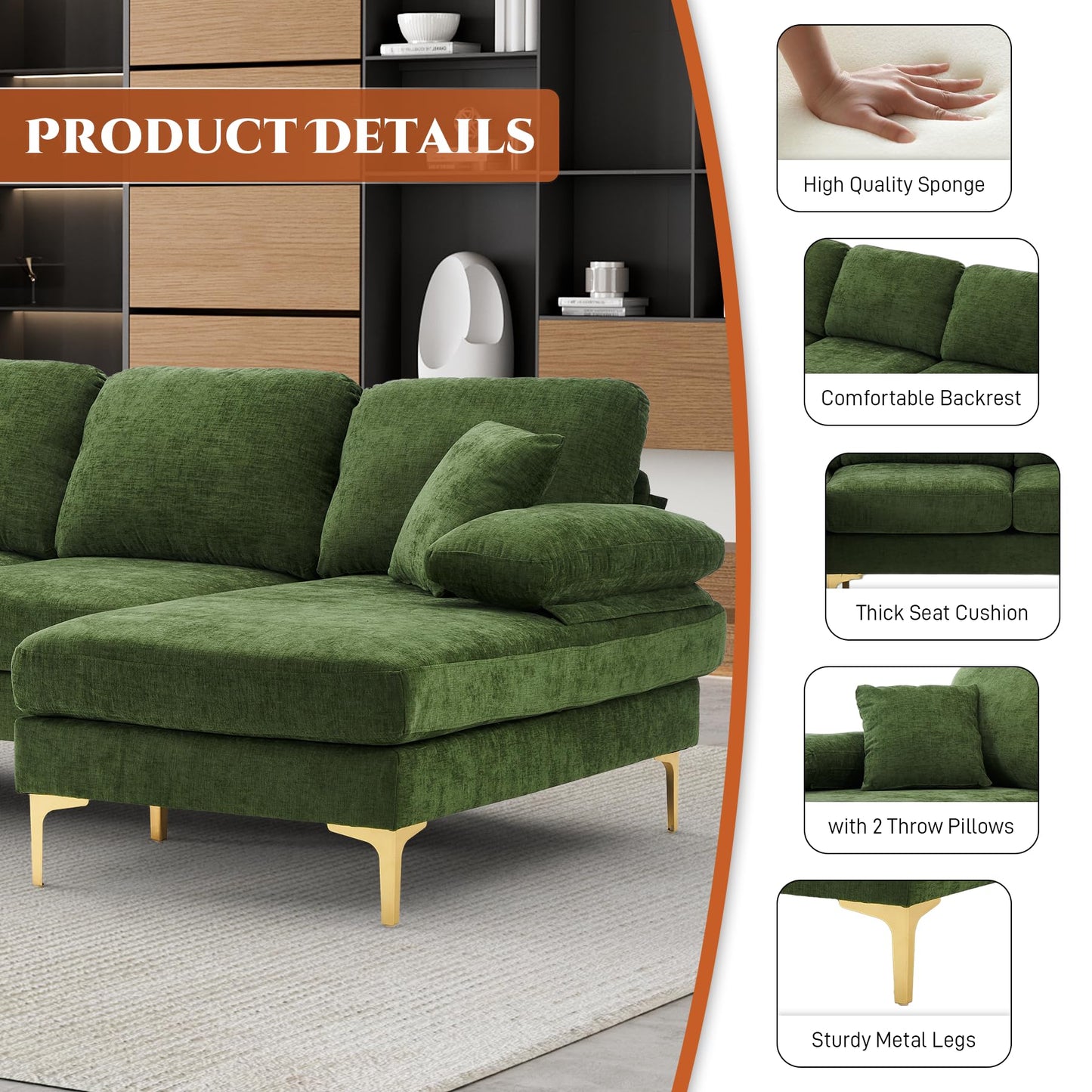 OUYESSIR U-Shaped Sectional Sofa Couch, 4 Seat Sofa Set for Living Room, 110.6" L-Shaped Chenille Sleeper Couch Set with Double Chaise Lounge (Green)