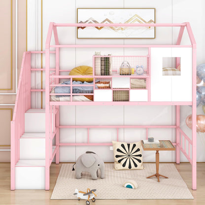 SOFTSEA Loft Bed Twin Size with Stairs & a Storage Box, House Shaped Stairway Metal Loft Bed with Guardrail & Roof Design, Pink