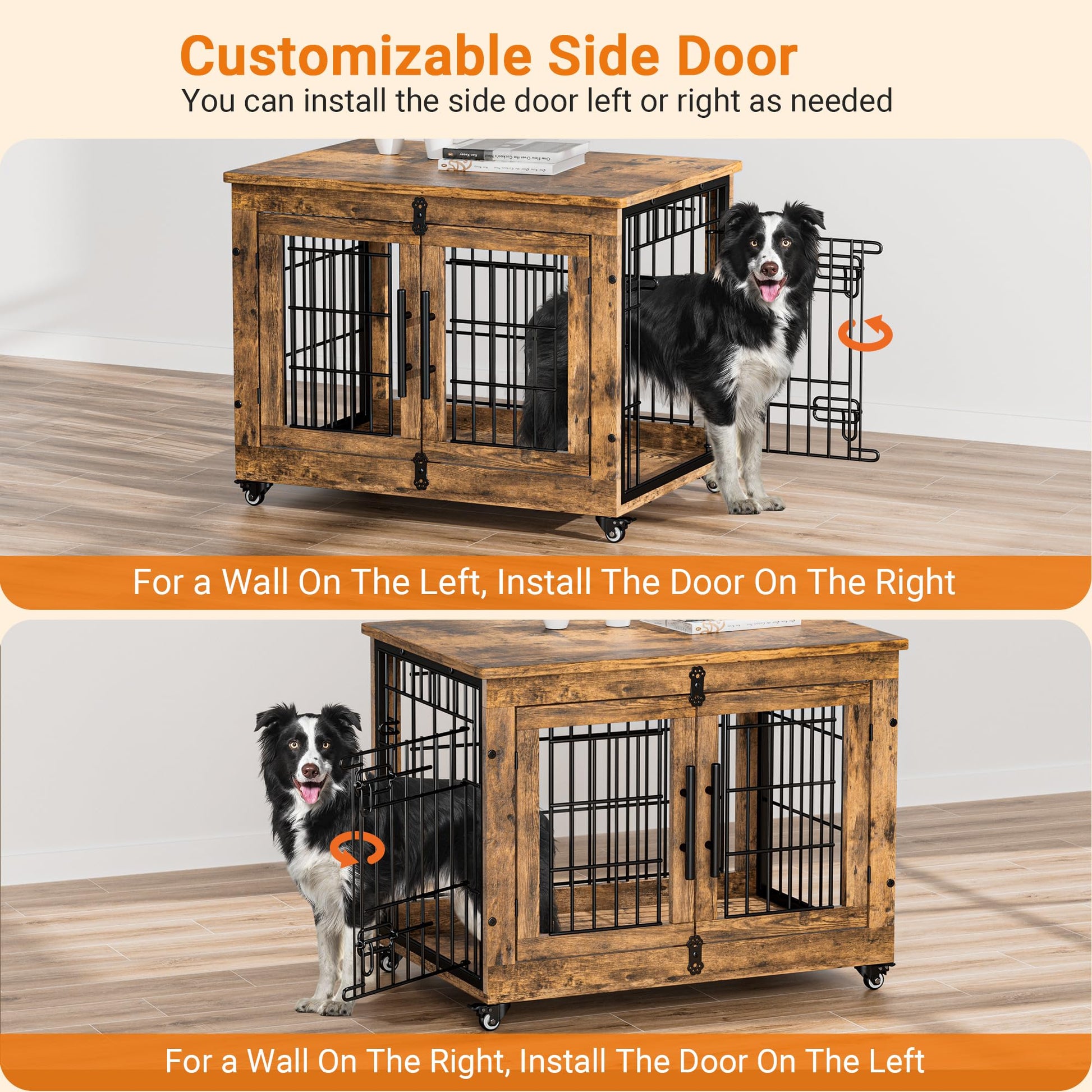 Lulive Dog Crate Furniture, Dog Kennel Indoor Double Doors Wooden Dog Cage, 33'' Heavy Duty Dog Crate with Cushion & Wheels, Decorative End Table Pet House Chew-Resistant for Medium/Small Dog - WoodArtSupply