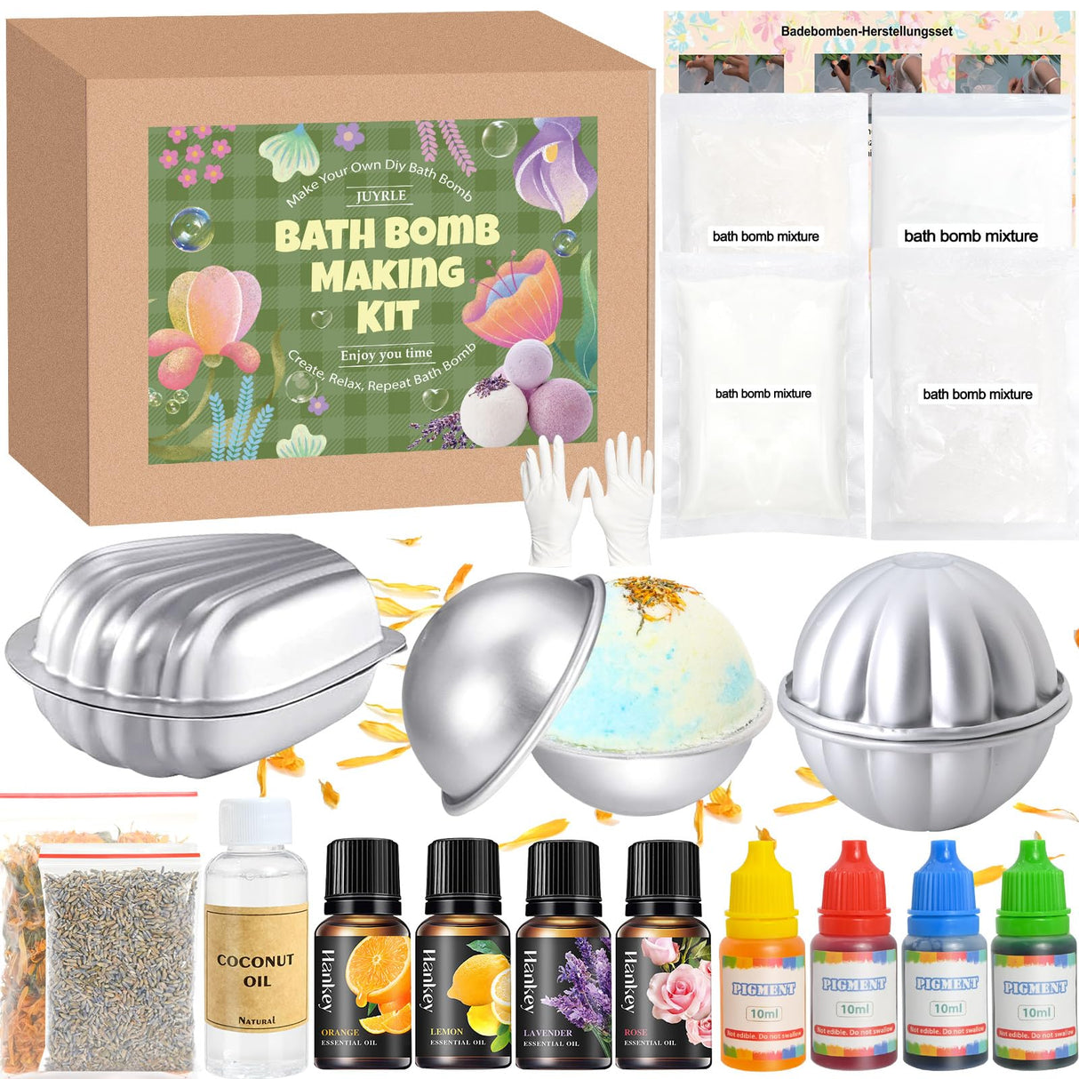 JUYRLE Bath Bomb Making Kit- 23Pcs DIY Bath Bombs for Women, Make Your Own SPA Products, Soap Making Kit with Stainless Steel Molds, Bath Foam, Bath & Bathing Shower Accessories Gifts for Girls Women JUYRLE