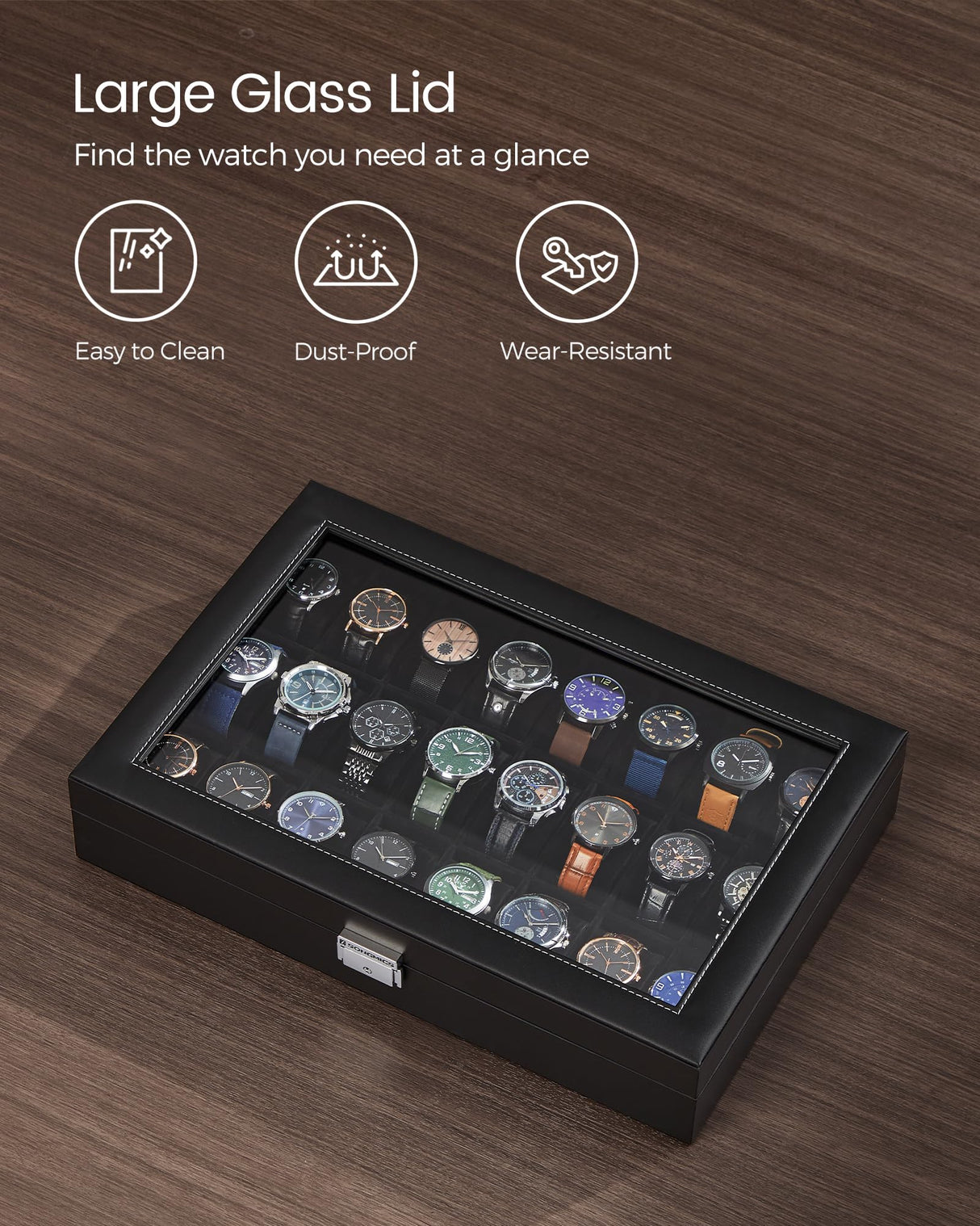 SONGMICS Watch Box, 24-Slot Watch Case, Lockable Watch Storage Box with Glass Lid, Gift Idea, Ink Black Synthetic Leather, Ink Black Lining UJWB024B02 SONGMICS
