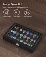 SONGMICS Watch Box, 24-Slot Watch Case, Lockable Watch Storage Box with Glass Lid, Gift Idea, Ink Black Synthetic Leather, Ink Black Lining UJWB024B02 SONGMICS