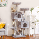 Hey-brother Multi-Level Cat Tree Condo Furniture with Sisal-Covered Scratching Posts, 2 Plush Condos, Perch Hammock for Kittens, Cats and Pets, Light Gray MPJ020-SW Hey-brother