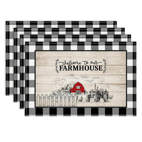 Farmhouse Placemats Set of 4, Rustic Country Barn Cottage Buffalo Plaid Wooden Plank Fence Heat Resistant Place Mats for Dining Kitchen Party Holiday Decor 12x18 Inch Drapeloft