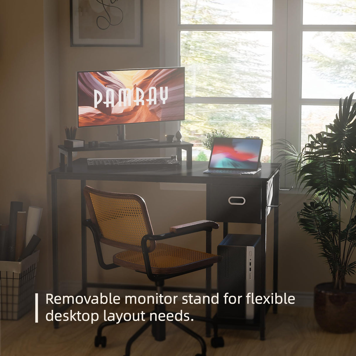 Pamray 39 Inch Computer Desk with Monitor Stand Small Home Office Desks with Non-Woven Storage Drawer for Bedroom Study Table Writing and Work Desk Pink Pamray