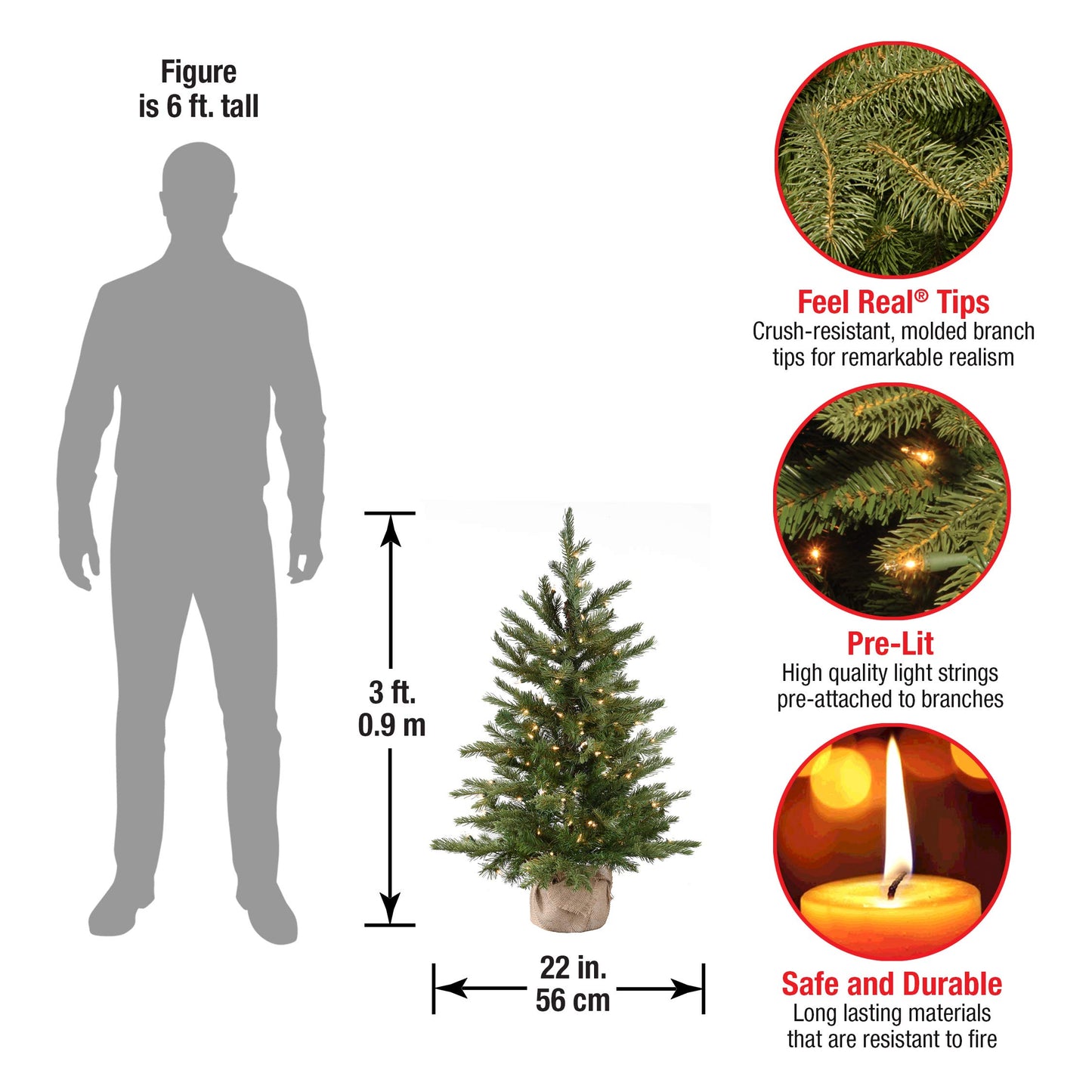 National Tree Company Pre-Lit 'Feel Real' Artificial Mini Christmas Tree, Green, Nordic Spruce, White Lights, Includes Burlap Bag Base, 3 Feet