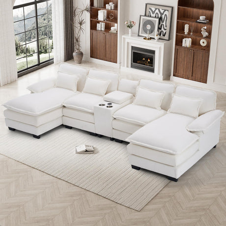 ONEMMLION U Shaped Cloud Couch Sectional Sofa, 124" Comfy Fluffy Chenille White Sectional Couches for Living Room with Double Chaise Lounge, Modern Modular Sectional Sofa with Central Console USB Port ONEMMLION