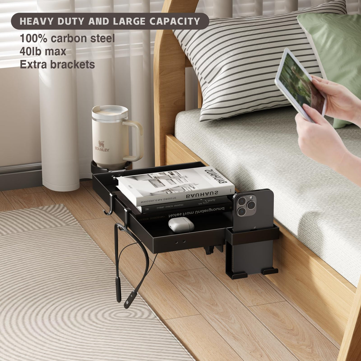 Magheo Bedside Shelf Metal,Bunk Bed Table Shelf for Top Bunk Heavy Duty Clip On Bed Side Table Tray for College Dorm Room,Loft Nightstand Organizer Tray with Removable Cup Holder & Phone Holder(Black) Magheo