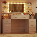 HUAHUU Large Vanity Desk with Mirror & Lights, White Makeup Vanity with 8 Drawers & 6 Storage Shelves, Vanity Set with LED Lights and Power Outlet, 3 Lighting Modes, Adjustable Brightness HUAHUU