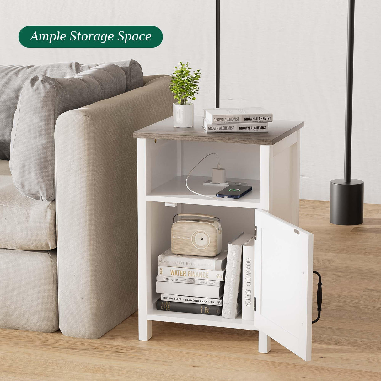 Ltysh Farmhouse Nightstand with Charging Station, Modern Bedside Table Set of 2 with Barn Door and Shelf, Rustic Sofa Side End Table Side Table, Dresser for Bedroom, Living Room (White,2) Ltysh