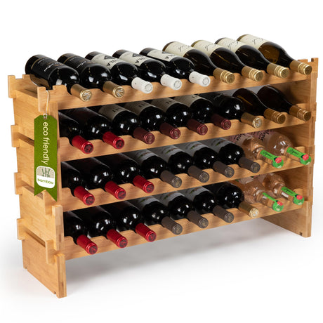 DECOMIL - 36 Bottle Large Wine Rack, Stackable & Modular Wine Storage Rack, Solid Bamboo Wine Holder Display Shelves, Wobble-Free (Four-Tier, 36 DECOMIL