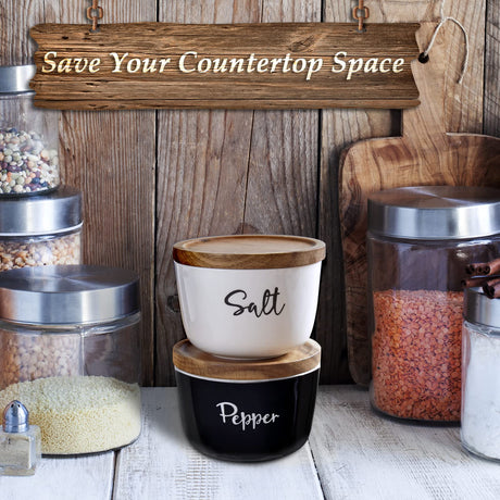 DAYYET Salt and Pepper Bowls, 10 oz Salt Cellar with Lid, Stacked Ceramic Salt Pepper Container with Acacia Wood Lid, Salt Box for Countertop, Black and White Kitchen Decor, Set of 2 DAYYET