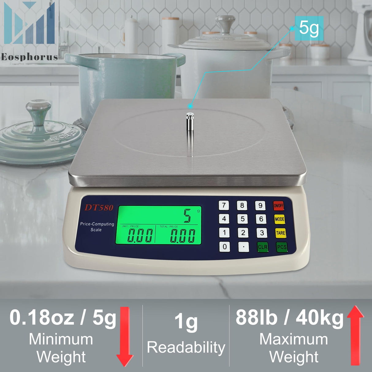 Eosphorus Commercial Food Scale 88lb/40kg Kitchen Scale Deli Scale Digital Meat Scale Price Computing Food Market Restaurant Scales Weighing Pounds, Ounces, Kilograms, Grams Eosphorus