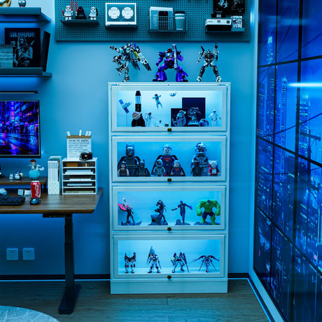 Boniture Display Cabinet with Acrylic Glass Doors,4-Tiers Curio Cabinet with LED Lighting for Collectibles, Collectibles Toy Organizers Rack & Display Shelf Display Case Storage Cabinet, Antique White BONITURE