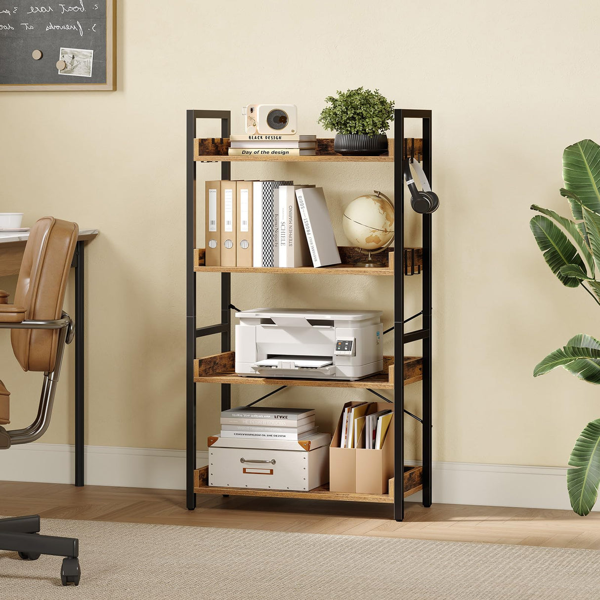 Rolanstar Bookshelf 4 Tier with 4 Hooks, Industrial Wood Bookcase, Vintage Storage Rack with Open Shelves, Rustic Standing Bookshelves Metal Frame Display Rack for Living Room, Bedroom, Rustic Brown Rolanstar