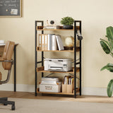 Rolanstar Bookshelf 4 Tier with 4 Hooks, Industrial Wood Bookcase, Vintage Storage Rack with Open Shelves, Rustic Standing Bookshelves Metal Frame Display Rack for Living Room, Bedroom, Rustic Brown Rolanstar