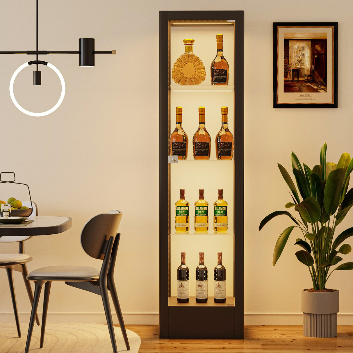 Desirable Life Glass Display Cabinet with 13-Color Light, 63" 4-Tier Curio Cabinet with Glass Door & Lock, Lighted Display Case with Adjustable Shelves for Collectibles Figures Trophy (Black) Desirable Life