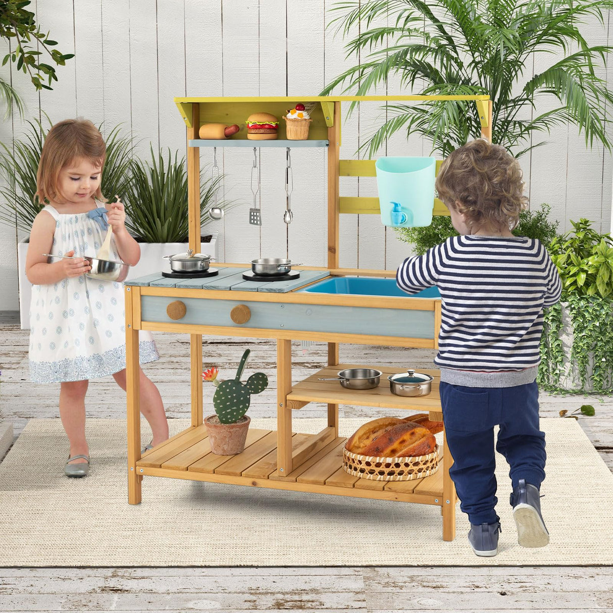 HONEY JOY Mud Kitchen for Kids Outdoor, Fir Wood Pretend Play Toy Kitchen with Removable Sink, Real Water Tank & Faucet, Stove, Toddler Kitchen Playset, Gift for Boys Girls, Natural HONEY JOY