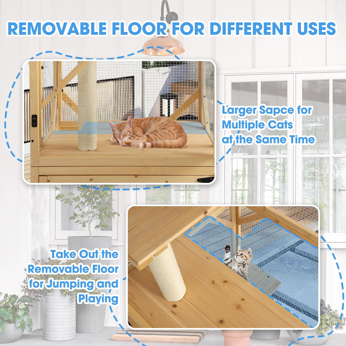 Dephet Catio Outdoor Cat Enclosure with Scratcher - 4-Tier Large Indoor Wooden Window Catio Cats House W/Asphalt Waterproof Roof, Wheels, Resting Box, Platforms, Kitten Toys Ball Dephet