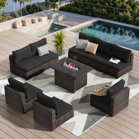 GREZJXC 9 Pieces Outdoor Sectional Patio Furniture Set with Fire Pit Table PE Rattan Wicker Patio Sectional Armless Conversation Set with Cushions Black GREZJXC