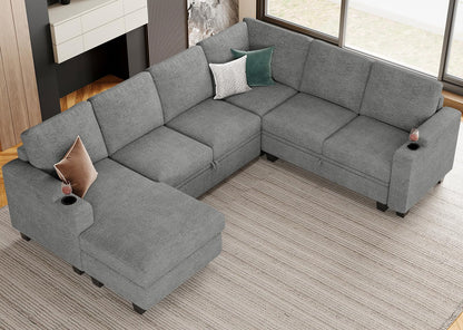 Belffin Modular Sectional Sleeper Sofa Couch Bed with Storage Chaise U Shaped Couch with Pull Out Sofa Bed for Living Room. Light Grey Couch.