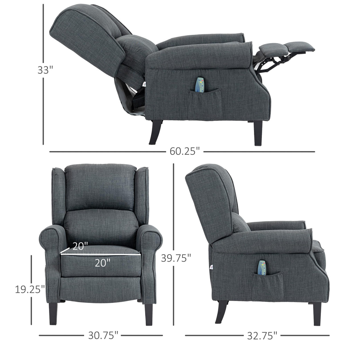 HOMCOM Vibrating Massage Recliner Chair for Living Room, Reclining Wingback Single Sofa with Heat, Linen Fabric Push Back Accent Chair with Footrest, Side Pocket, Charcoal Gray HOMCOM
