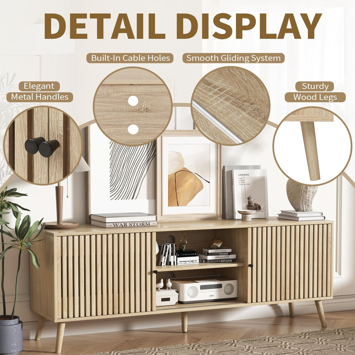 Fiogmub TV Stand for 55/65/70 Inch TV,Bamboo Entertainment Center with Natural Rattan Door, Large Long Boho Media TV Console with Open Shelves Living Room Bedroom Fiogmub