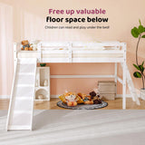 VINGLI Loft Bed with Slide, Twin, Space Saving Kids Low Loft Bed with Guardrail and Ladder, Pine Wood and Sturdy Bed Frame for Boys and Girls, White VINGLI