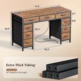 PRAISUN 47 Inch Office Desk with Outlets, Computer Desk with 9 Fabric Drawers, Writing Gaming Work Study Desk for Bedroom, Living Room, Home Office, Large Storage, Rustic Brown PRAISUN