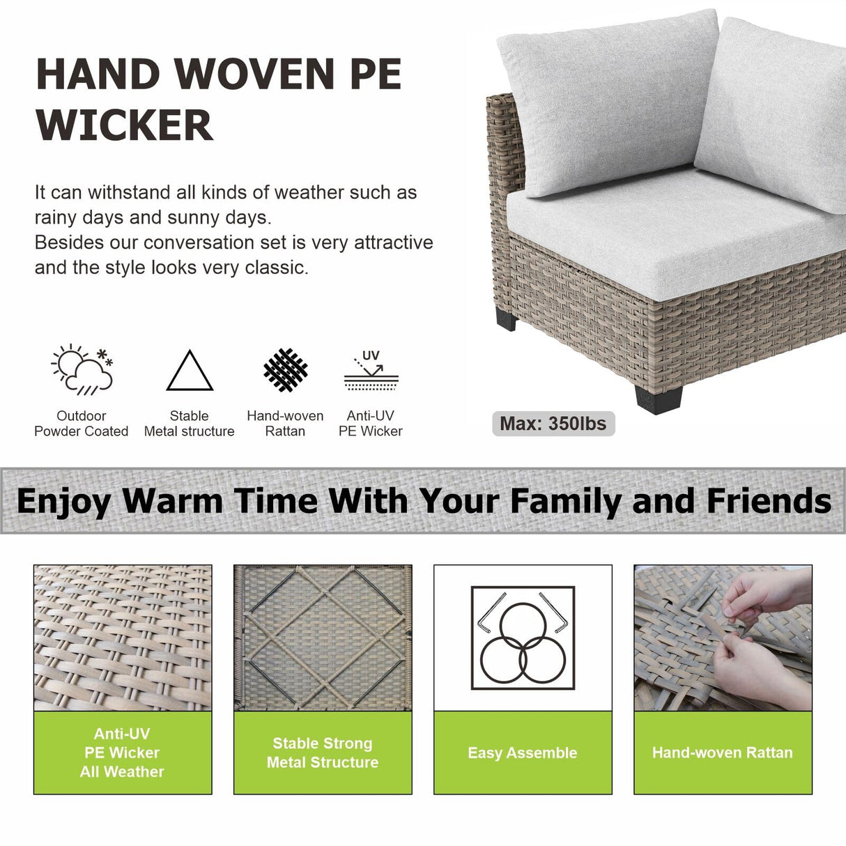 SUNPEAK Patio Furniture Set Q01 Series Sofa 7 Pieces Outdoor Furniture Set Sectional Couch with Fire Pit Table Balcony Furniture Patio Table and Chairs Set with Propane Fire Pit SUNPEAK