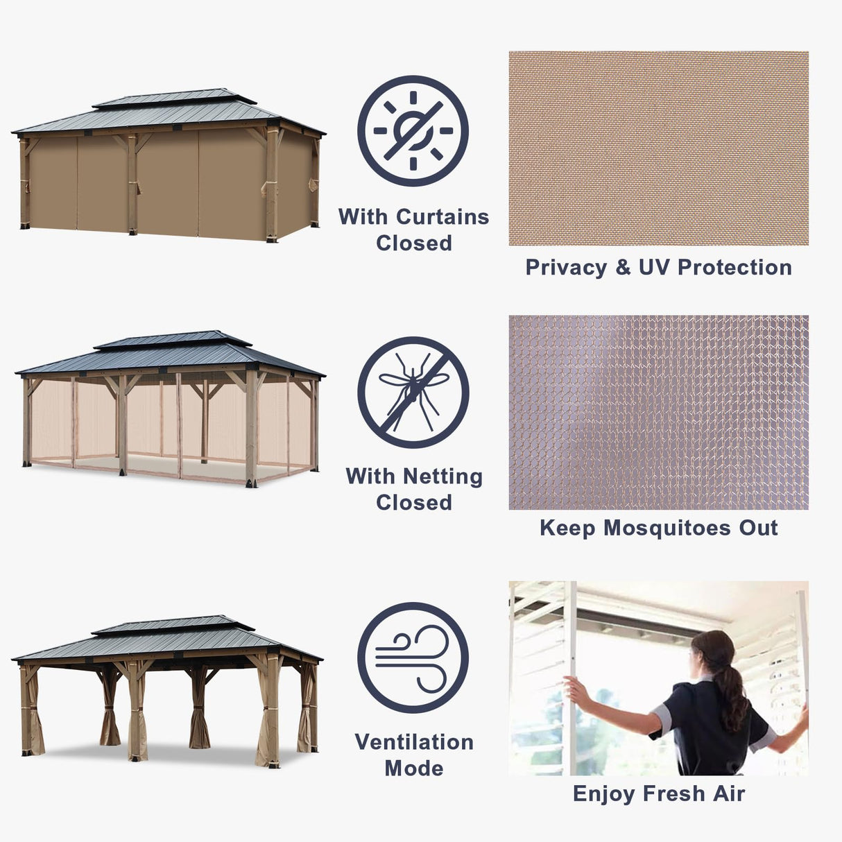 CHARMELEON 12'x20' Cedar Wood Gazebo Hardtop - Wooden Gazebos with Dual Metal Roof - Permanent Outdoor Gazebo - Large All Weather Patio Gazebo for Backyard, Deck & Garden - with Curtains & Netting CHARMELEON