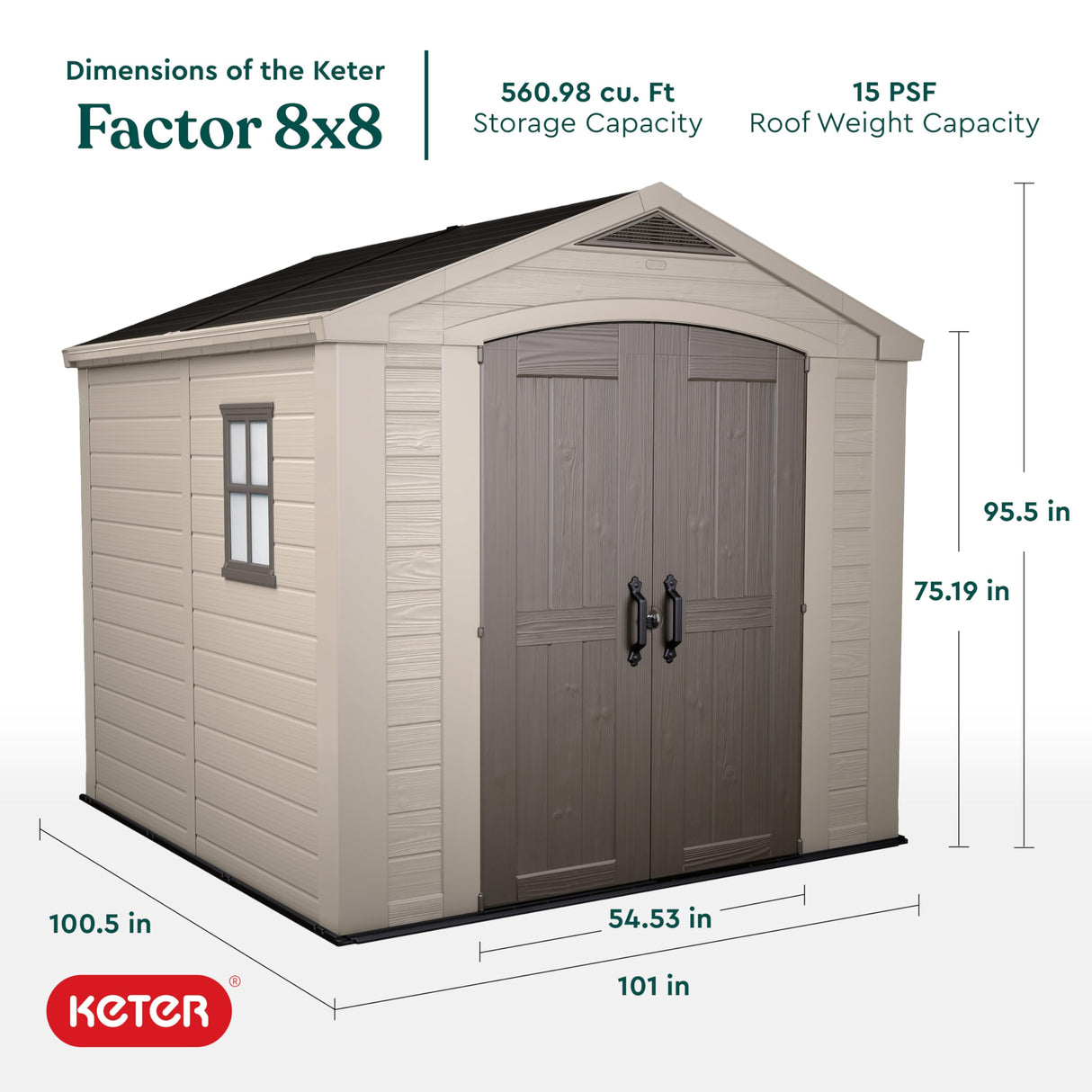Keter Factor 8x8 Foot Large Resin Outdoor Shed with Floor for Patio Furniture, Lawn Mower, and Bike Storage, Taupe & Brown Keter