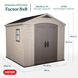 Keter Factor 8x8 Foot Large Resin Outdoor Shed with Floor for Patio Furniture, Lawn Mower, and Bike Storage, Taupe & Brown Keter